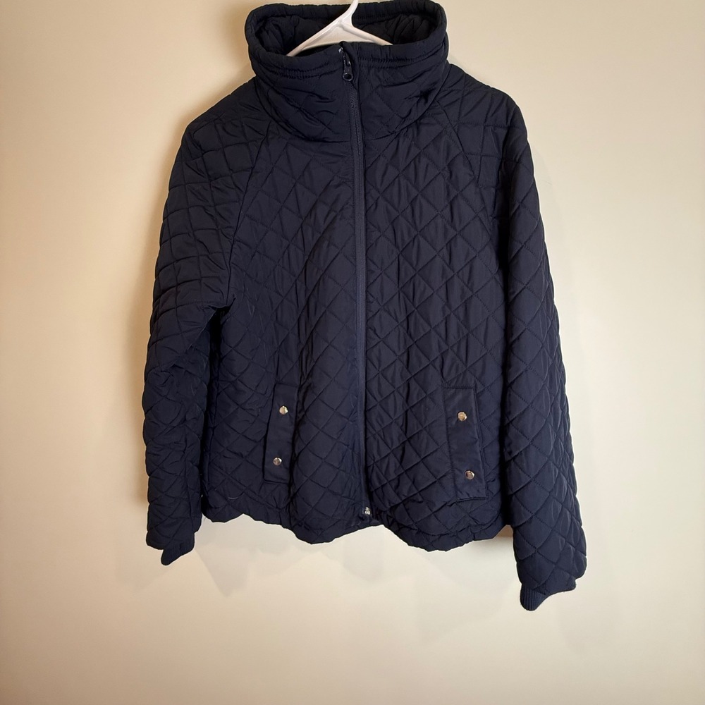 T by Talbots Womens Quilted Puffer Jacket, High Neck, Navy Blue, LP